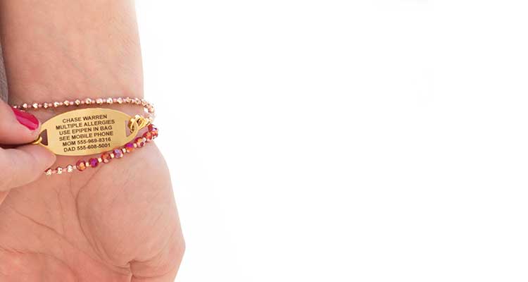 Allergy Medical Alert Bracelets and Jewelry from Lauren's Hope Woman wearing custom engraved diabetes bracelet with laser engraving