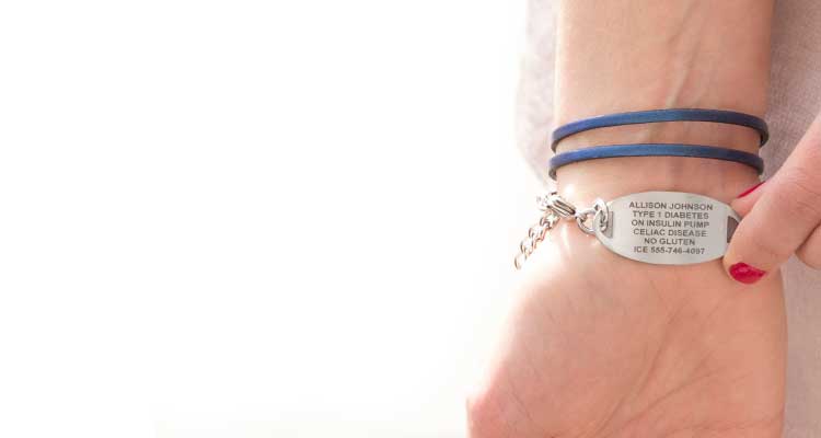 Diabetes Medical Alert Bracelets and Jewelry from Lauren's Hope Woman wearing custom engraved diabetes bracelet with laser engraving